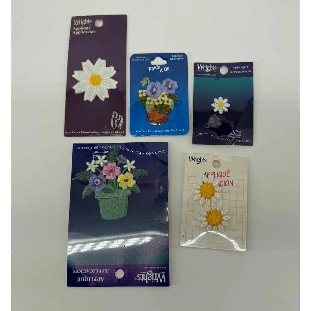 Vintage Floral Iron On Patch Lot Wrights Daisy Flower Pot Applique Cottagecore